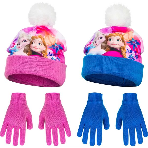 Disney Frozen - Die Eiskönigin Mädchen Wintermütze + Handschuhe Anna & Elsa